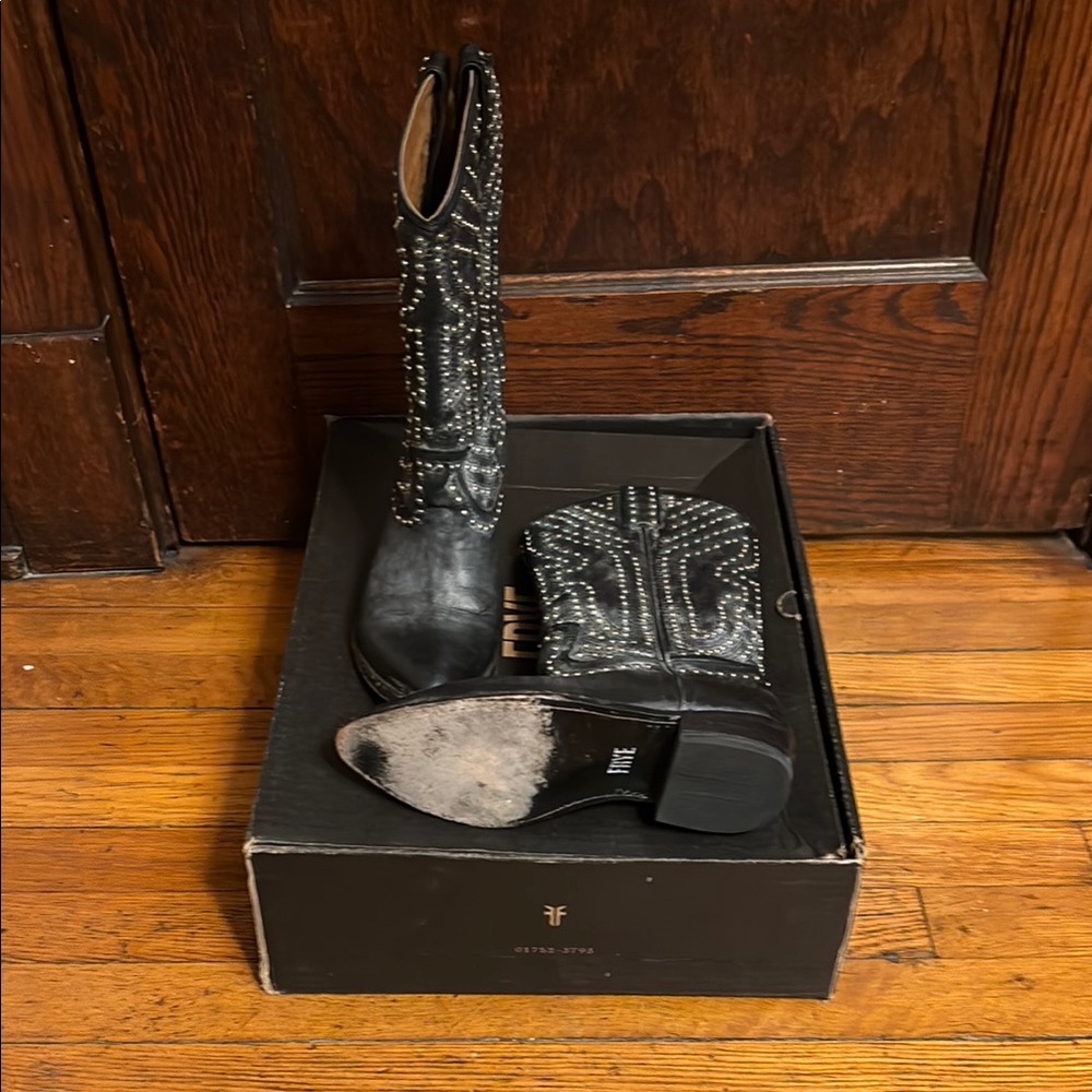Frye Leather “Billy” Studded Tall Black Cowboy Boots Wmns Size 6